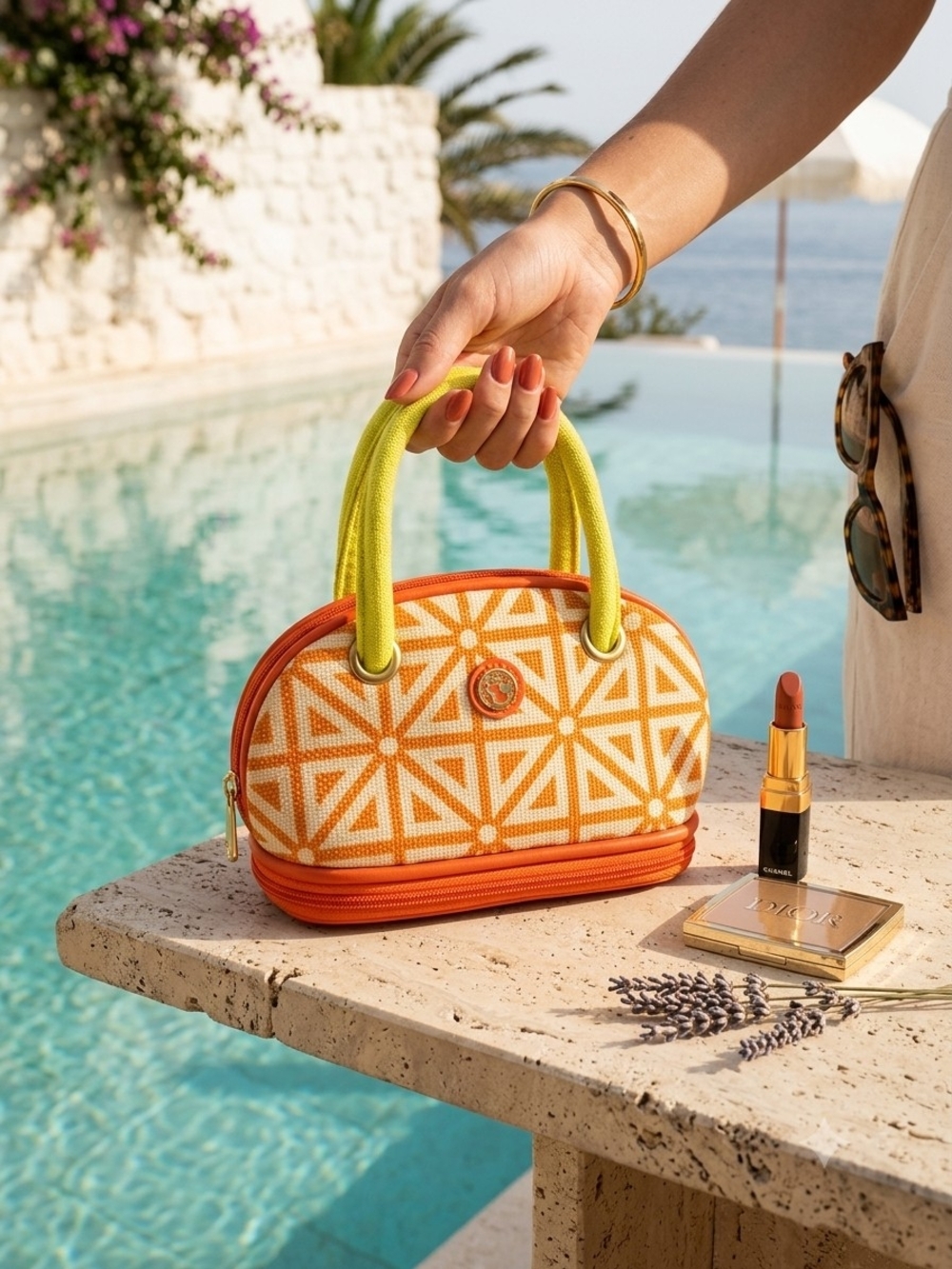 Spartina 449 Daufuskie Island Linen Cosmetic Bag Retro Orange Geometric Mini Bag